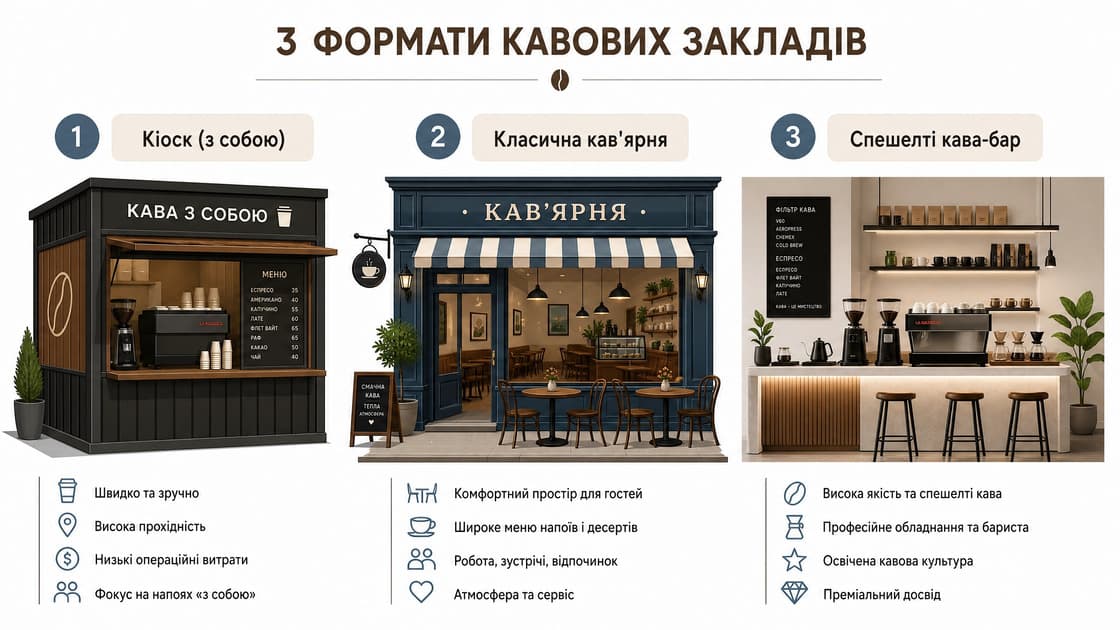 Формати кав'ярень в Україні: to-go кіоск, класична кав'ярня з залом, specialty coffee
